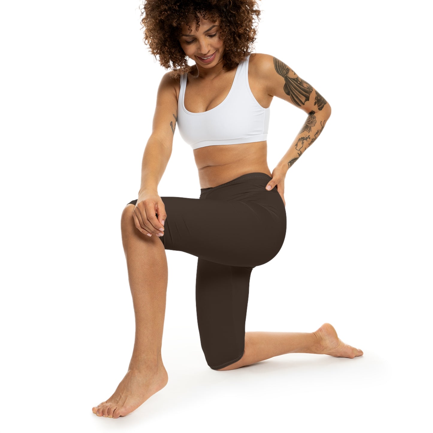 Dark Coffee Color Women's Brushed Suede Poly Span Casual Capri Leggings XS-2XL