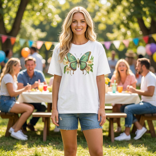Green Vintage Butterfly T-Shirt — Floral Watercolor Graphic Tee Unisex 100 Cotton Gildan T-Shirt