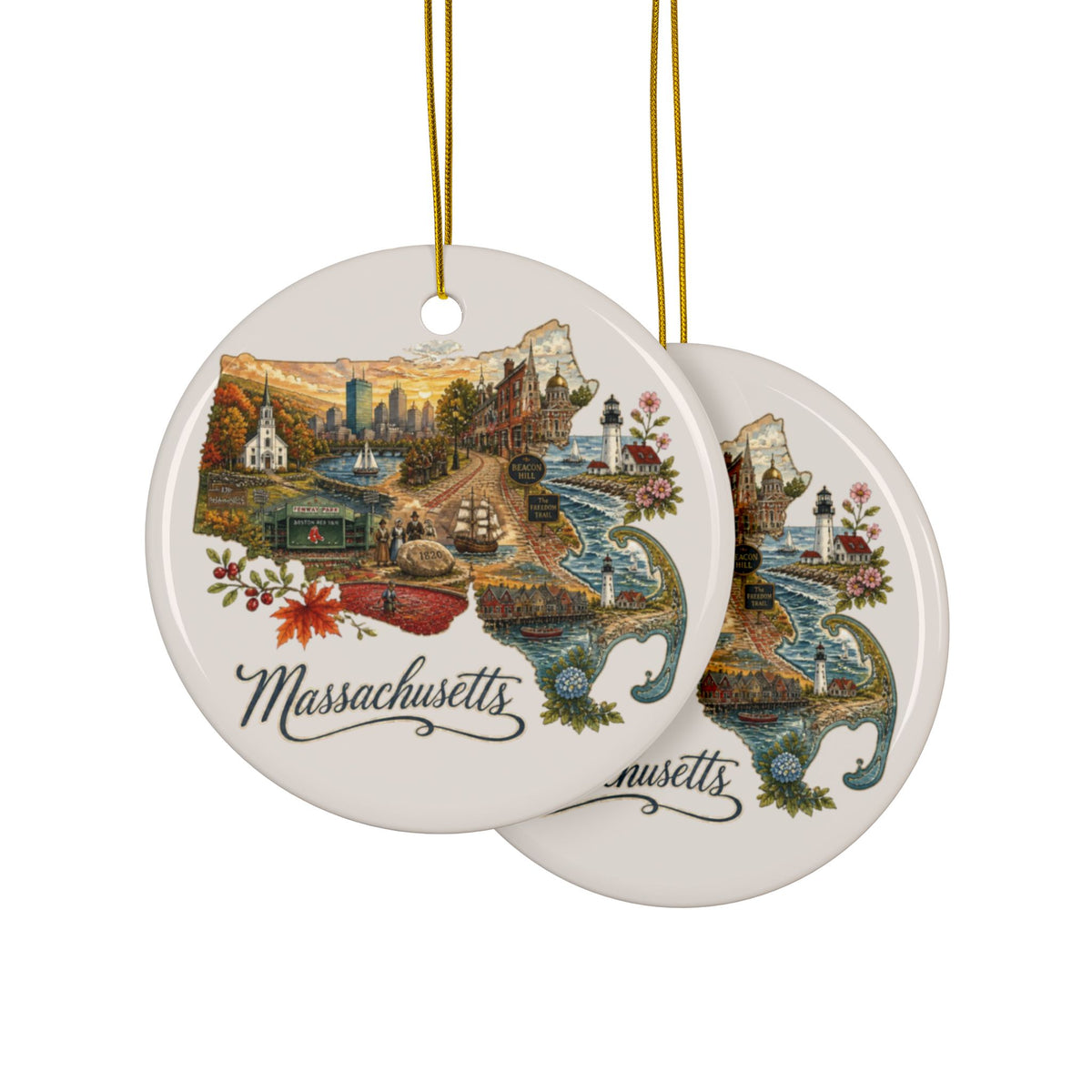 Massachusetts State Map Illustration Ceramic Ornament | Round Holiday Ornament - 2.99" Includes Gold String