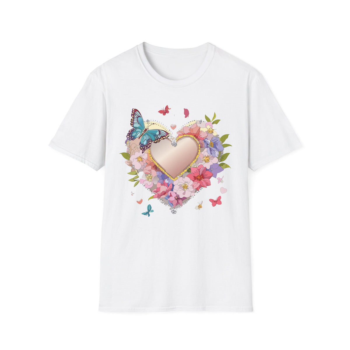 Butterfly Floral Heart Pink Gold Heart with Flowers and Butterflies Graphic Design Unisex 100 Cotton Gildan T-Shirt