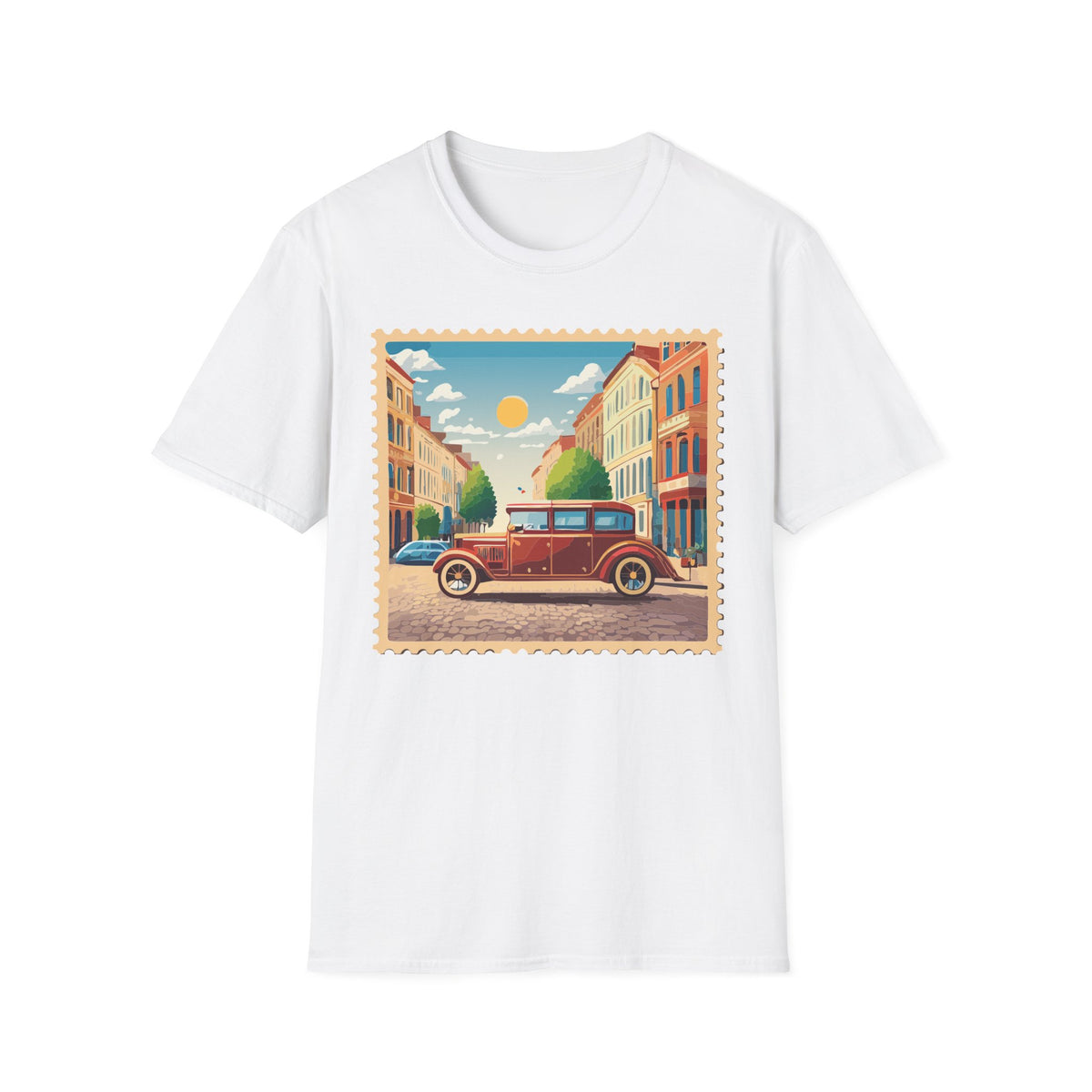 Vintage City Street Illustration T-Shirt | Retro Car, Sunny Urban Graphic Tee Unisex 100 Cotton Gildan T-Shirt