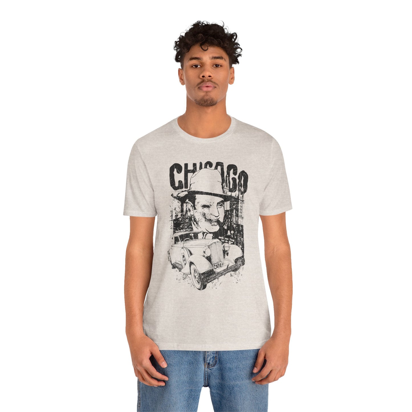 Chicago Retro Mobster Illustration Tee Vintage Car Cityscape Art Design T-Shirt A-8