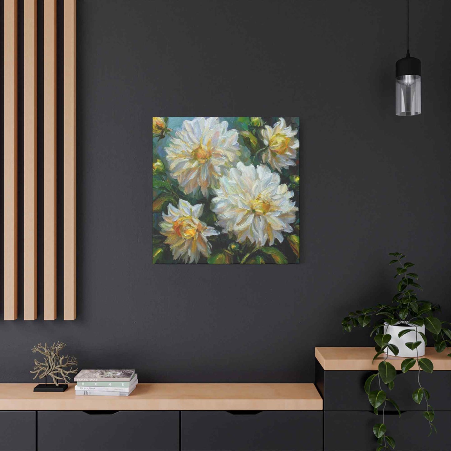 White Dahlias Print Canvas, Floral Oil Paint Print 20x20, 24x24, 30x30, 32x32, 36x36 Art Design Pine-Wood Inner Frame MC-169