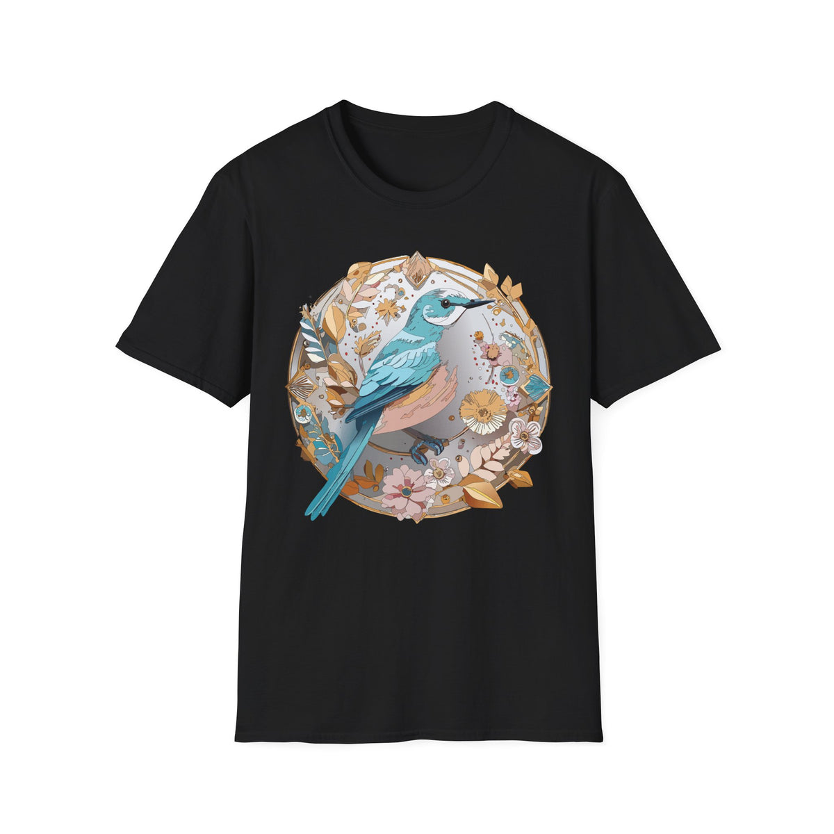 Blue Bird Floral Wreath T-Shirt | Botanical Bird Illustration