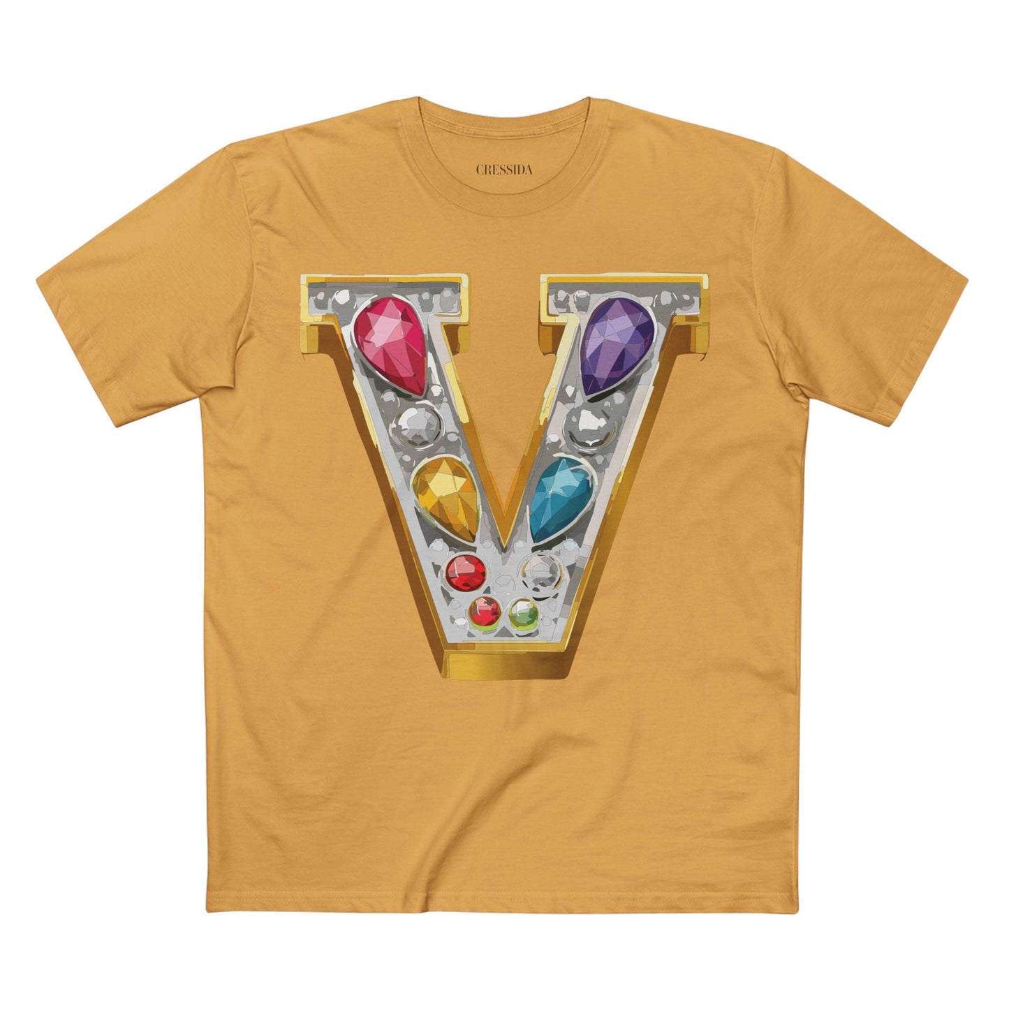 Letter V Graphic Design Tee Unisex 100 Cotton With Antique Gold Letters Artwork T-Shirt