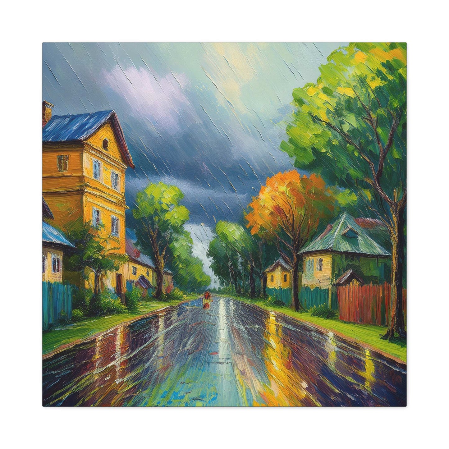 Rainy Village Street Canvas, Matte Oil Paint Print 20x20, 24x24, 30x30, 32x32, 36x36, Art Design Print Non-Frame MC-1