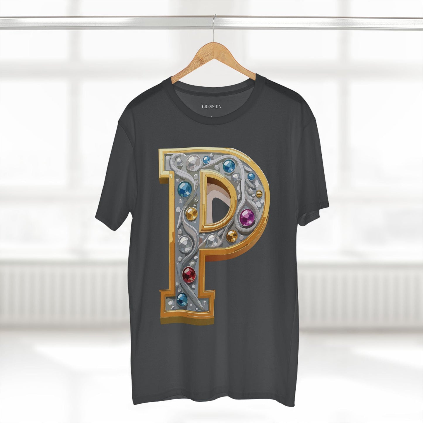 Letter P Graphic Design Tee Unisex 100 Cotton With Antique Gold Letters Artwork T-Shirt