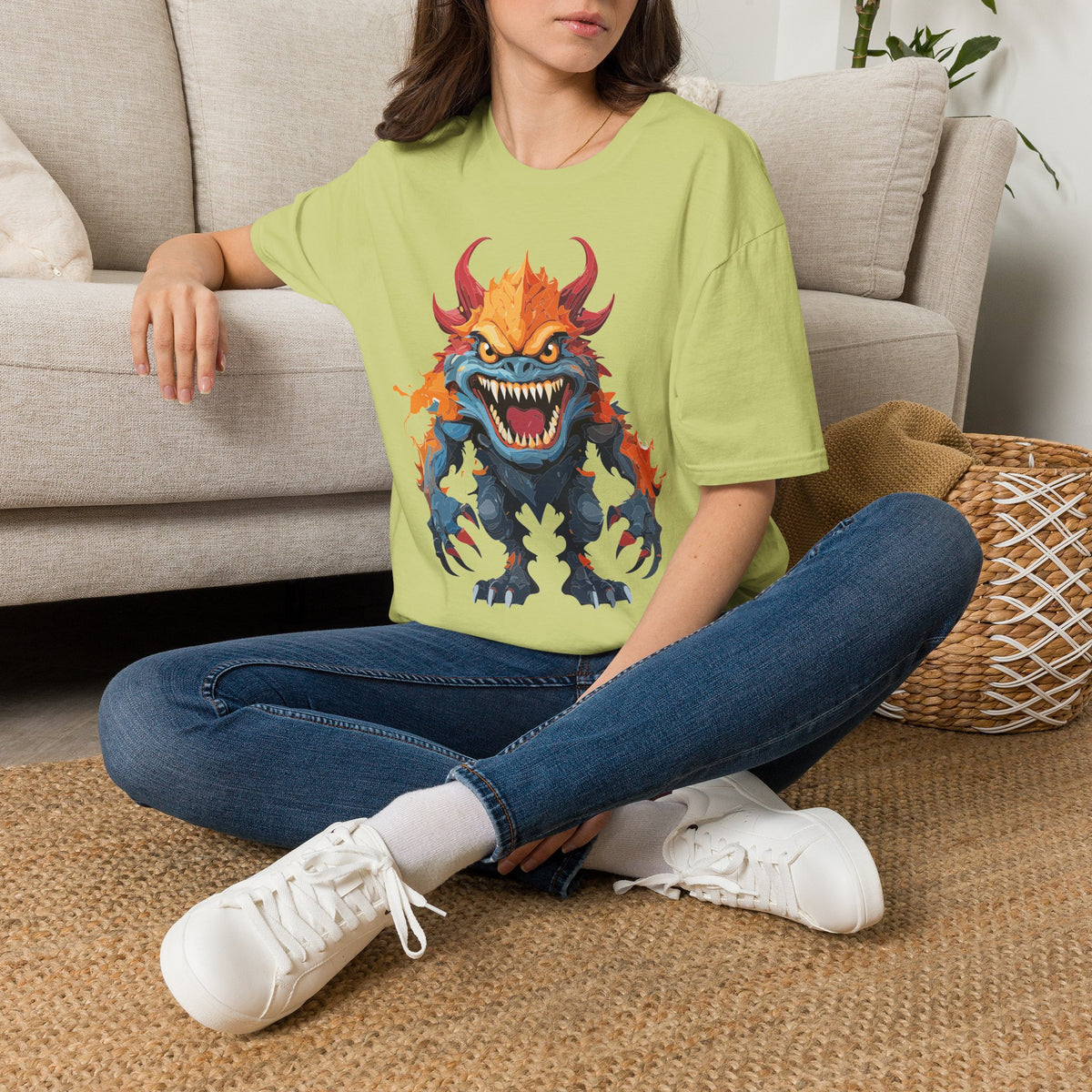Monster T-Shirt — Fiery Demon Creature Cartoon Graphic Tee Unisex 100 Cotton Gildan T-Shirt