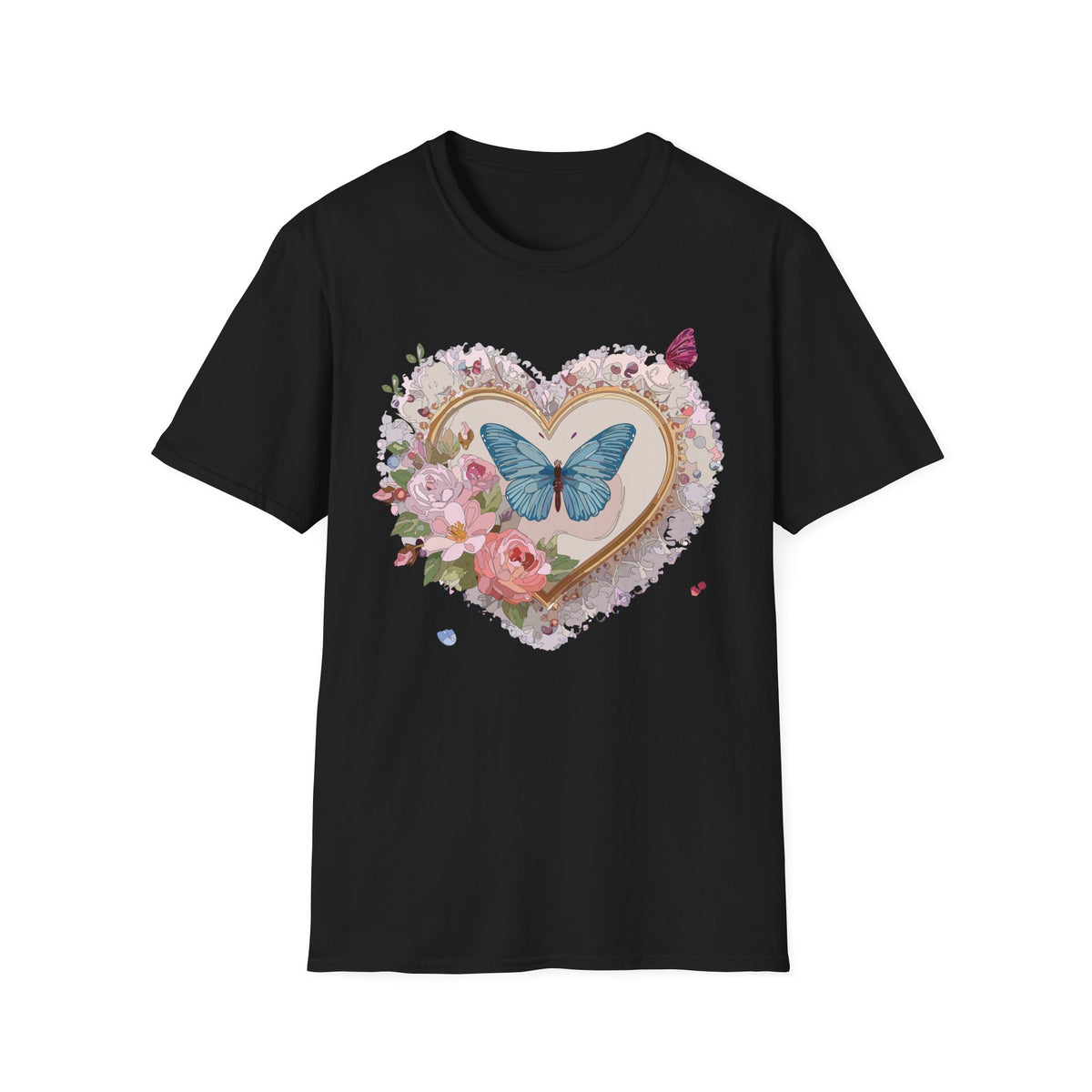 Butterfly Heart T-Shirt — Floral Blue Butterfly Graphic Tee Unisex 100 Cotton Gildan T-Shirt