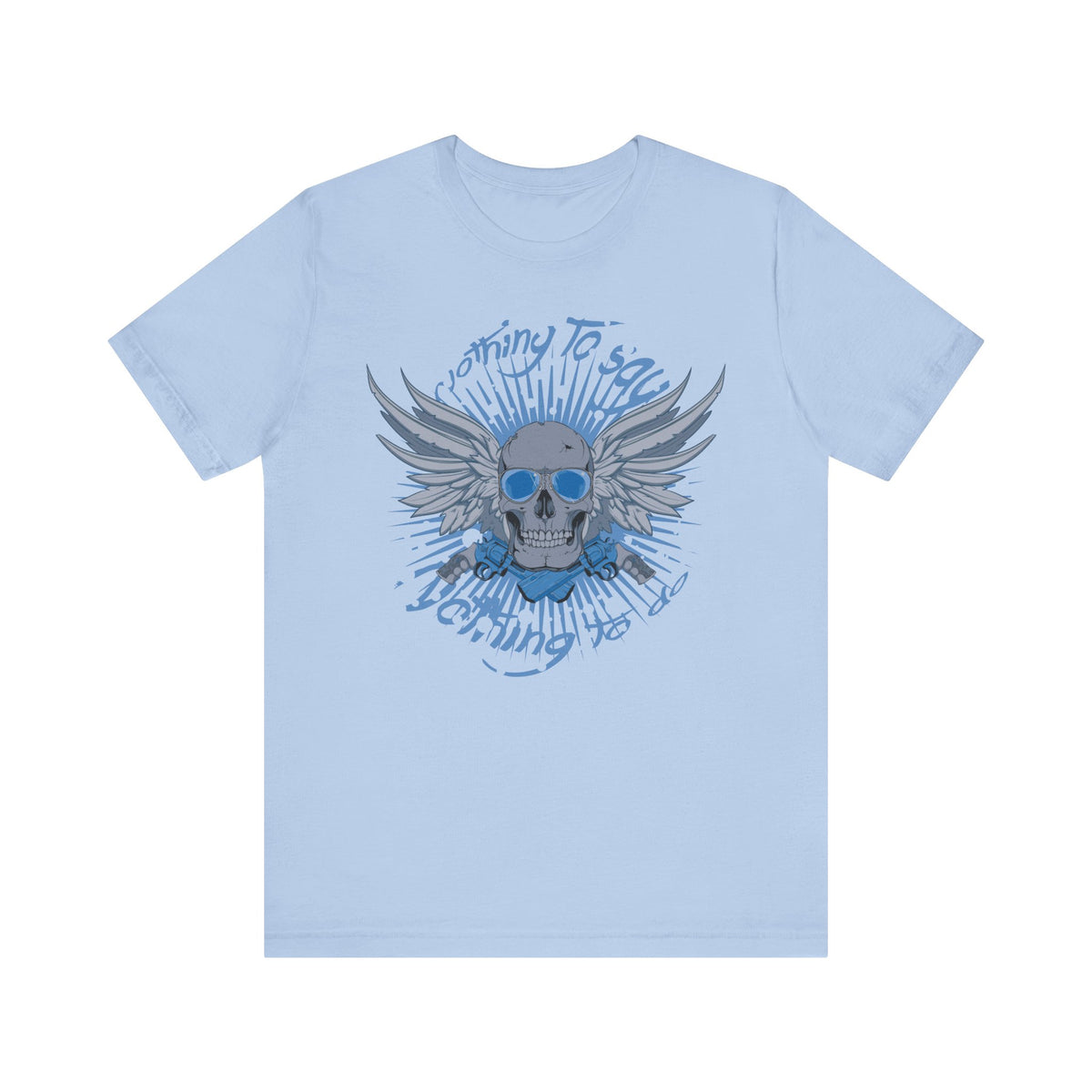 Winged Skull Graphic Tee Blue Skull with Wings Radiant Burst Unisex Cotton