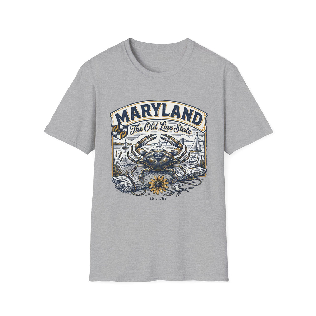 Maryland The Old Line State T-Shirt — Blue Crab Chesapeake Vintage Travel Tourist Graphic Design Unisex 100 Cotton Gildan T-Shirt