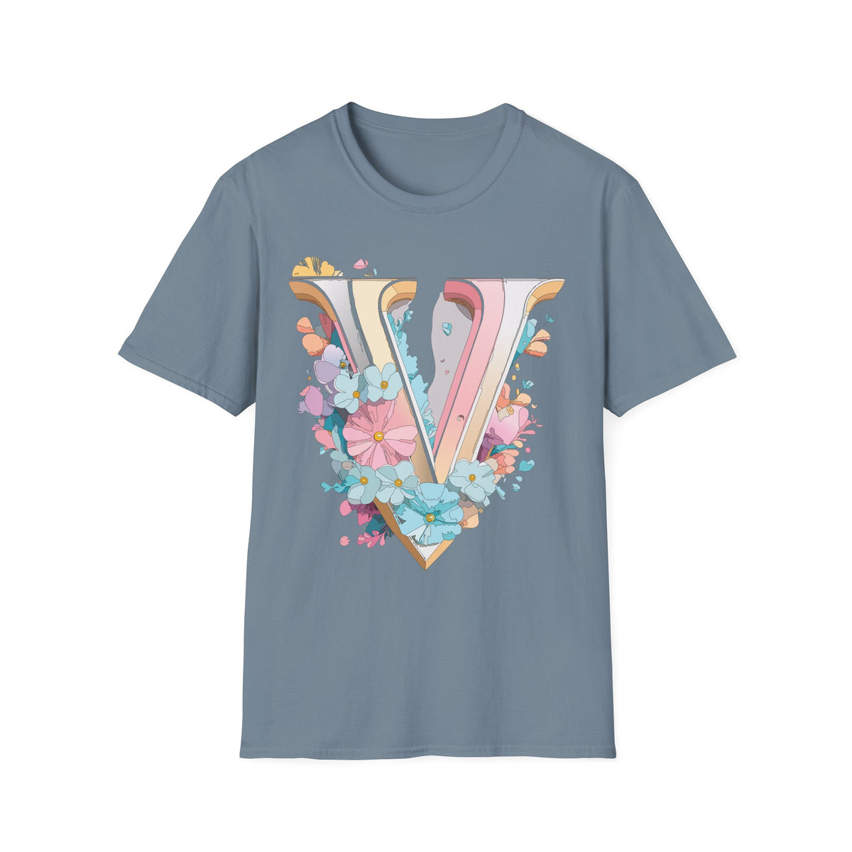 Floral Letter V T-Shirt | Pastel Vintage Monogram Tee