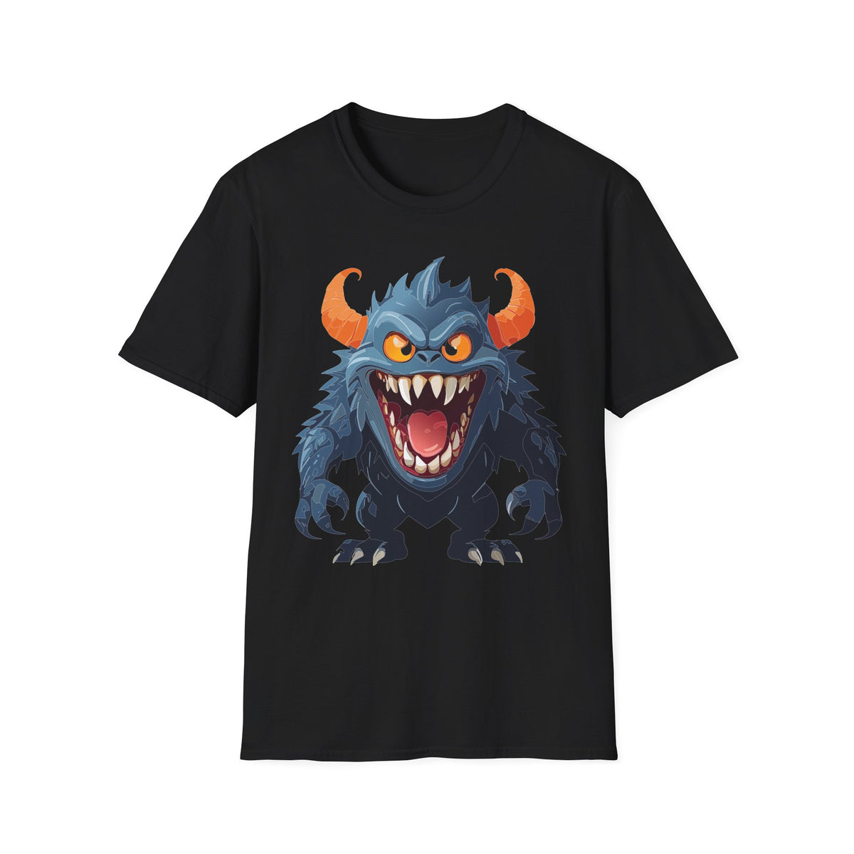 Monster Graphic T-Shirt — Fierce Blue Horned Creature Cartoon Graphic Tee Unisex 100 Cotton Gildan T-Shirt