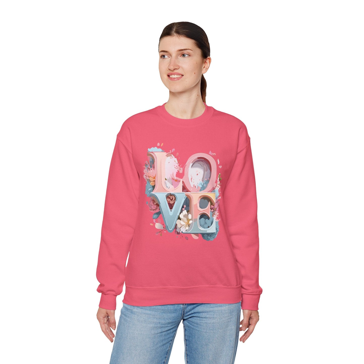 Floral Love Sweatshirt Unisex Crewneck Valentine Day Gift Gildan 18000 Fifty Fifty Cotton Blend