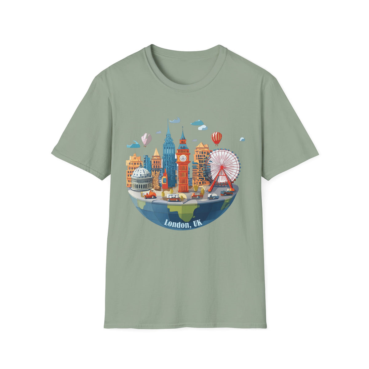 London Skyline Illustration T-Shirt | Big Ben, London Eye, Hot Air Balloons