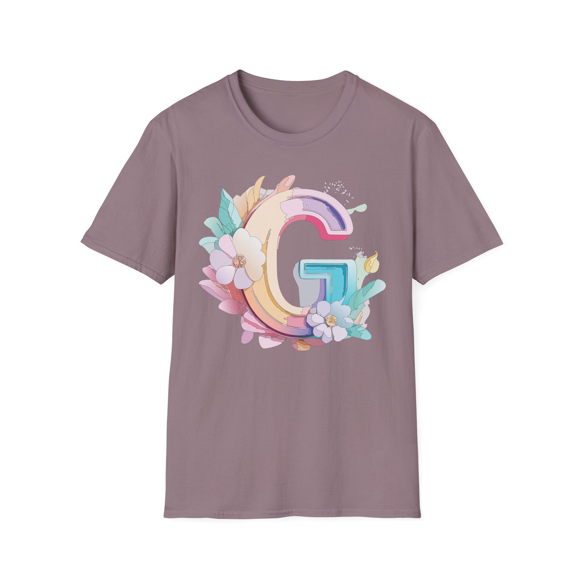Floral Letter G T-Shirt | Monogram Initial Tee, Pastel Rainbow Blooms