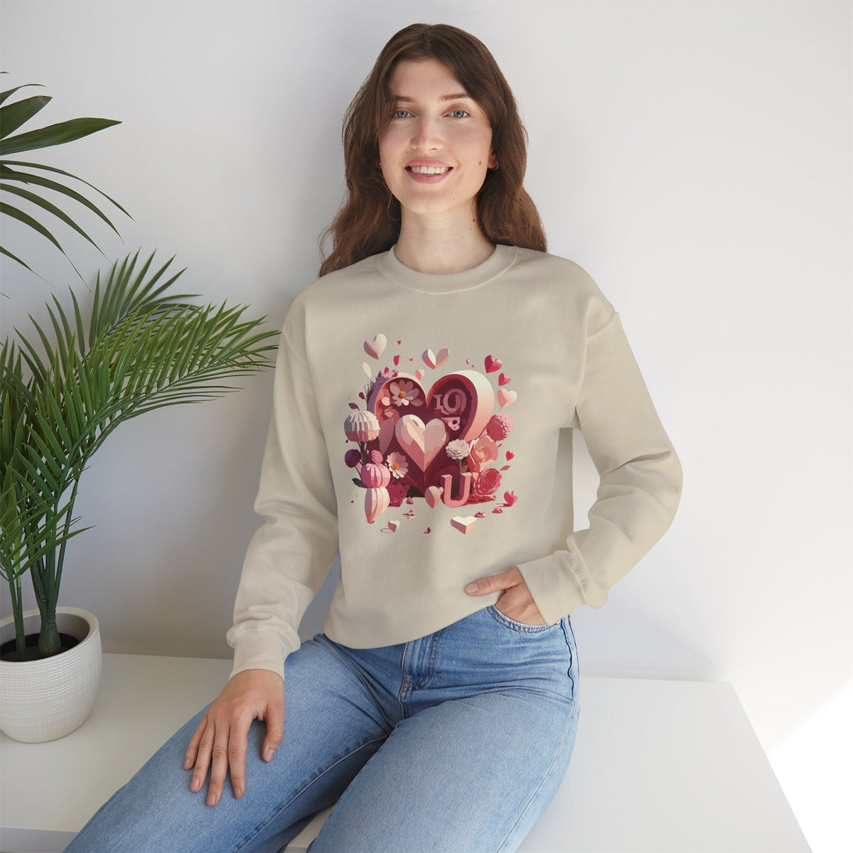 Unisex Floral Big Heart Sweatshirt, Love Floral Sweatshirt, Floral Heart Sweatshirt, 50/50 Cotton-Poly Valentine's Day Sweatshirt 09