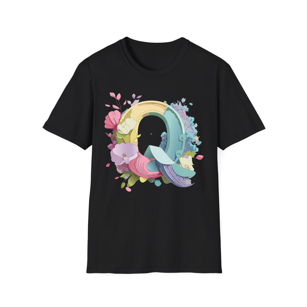 Floral Letter Q T-Shirt | Pastel Rainbow Monogram Tee