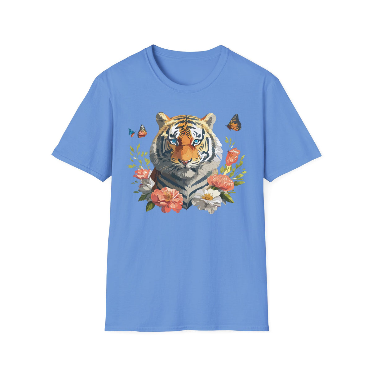 Floral Tiger Portrait T-Shirt | Watercolor Big Cat with Butterflies