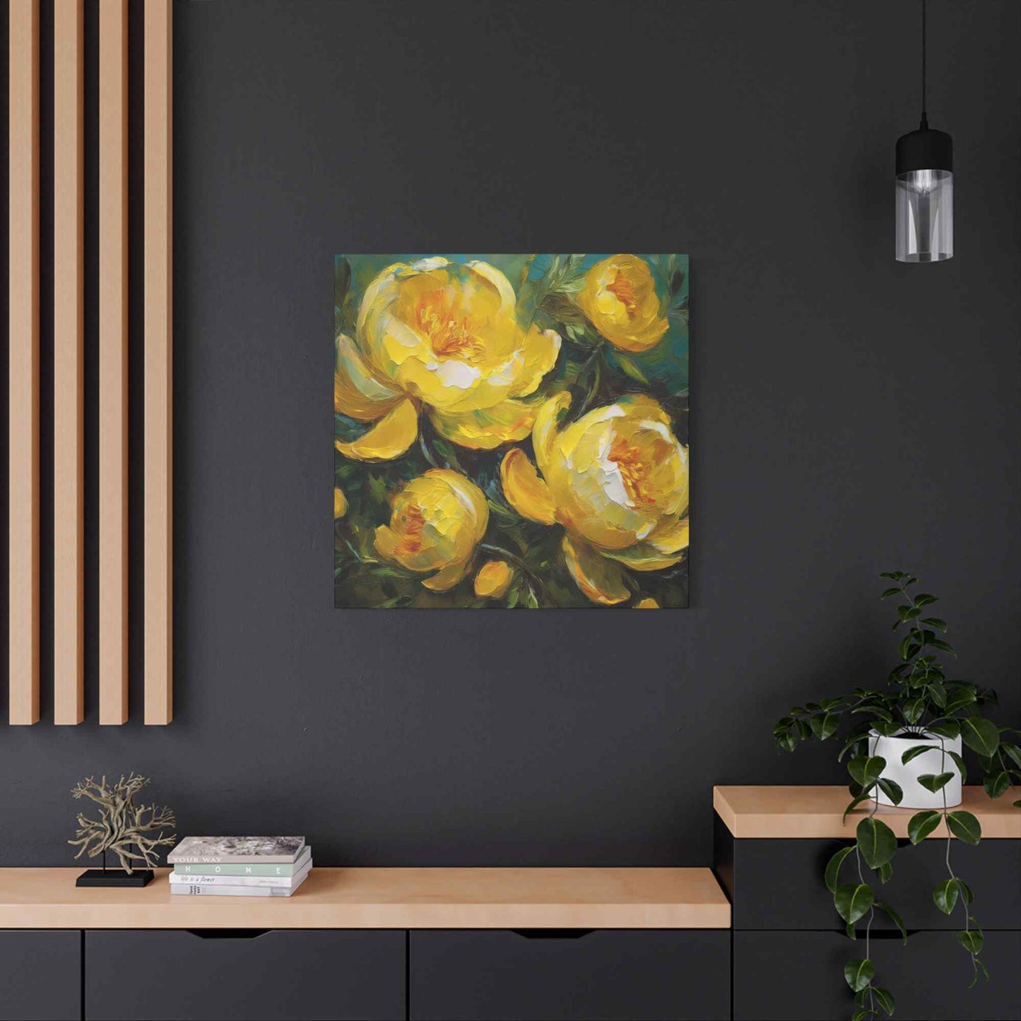 Yellow Peonies Print Canvas, Floral Oil Paint Print 20x20, 24x24, 30x30, 32x32, 36x36 Art Design Pine-Wood Inner Frame MC-122