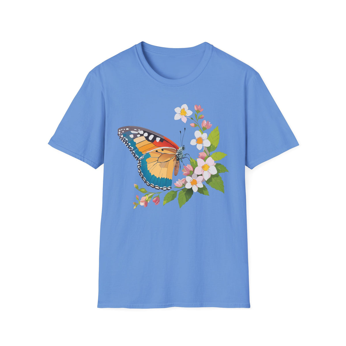 Butterfly Floral T-Shirt — Colorful Monarch with Blossoms Graphic Design Unisex 100 Cotton Gildan T-Shirt