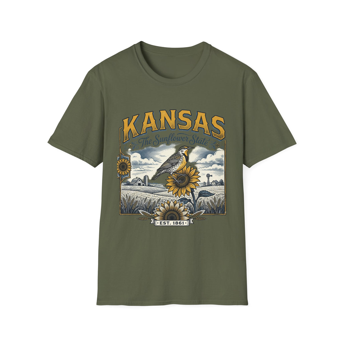 Kansas The Sunflower State T-Shirt | Vintage Meadow Bird Sunflower Design