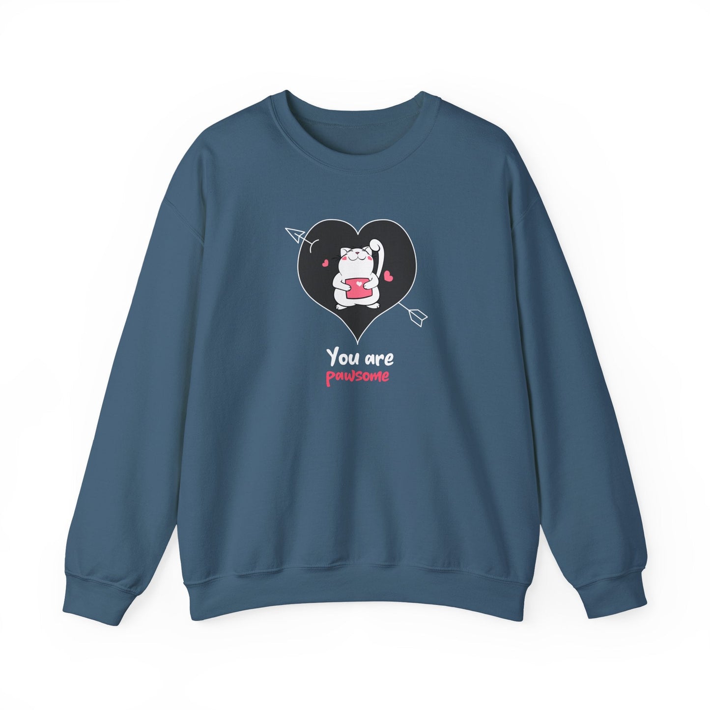 Cat Heart Sweatshirt Unisex Valentines Day Fifty Fifty Cotton Poly Crewneck Gildan 18000