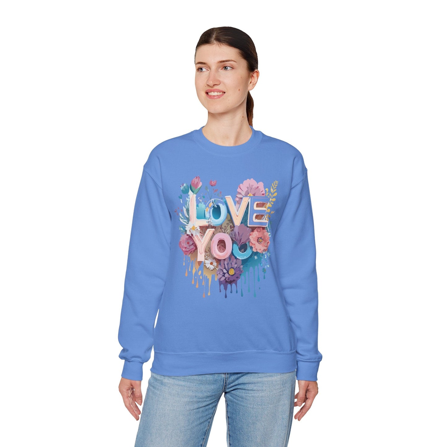 Floral Love Sweatshirt Unisex Heavy Blend Crewneck Valentine Day Flower Print Cozy Fleece Warm Gift