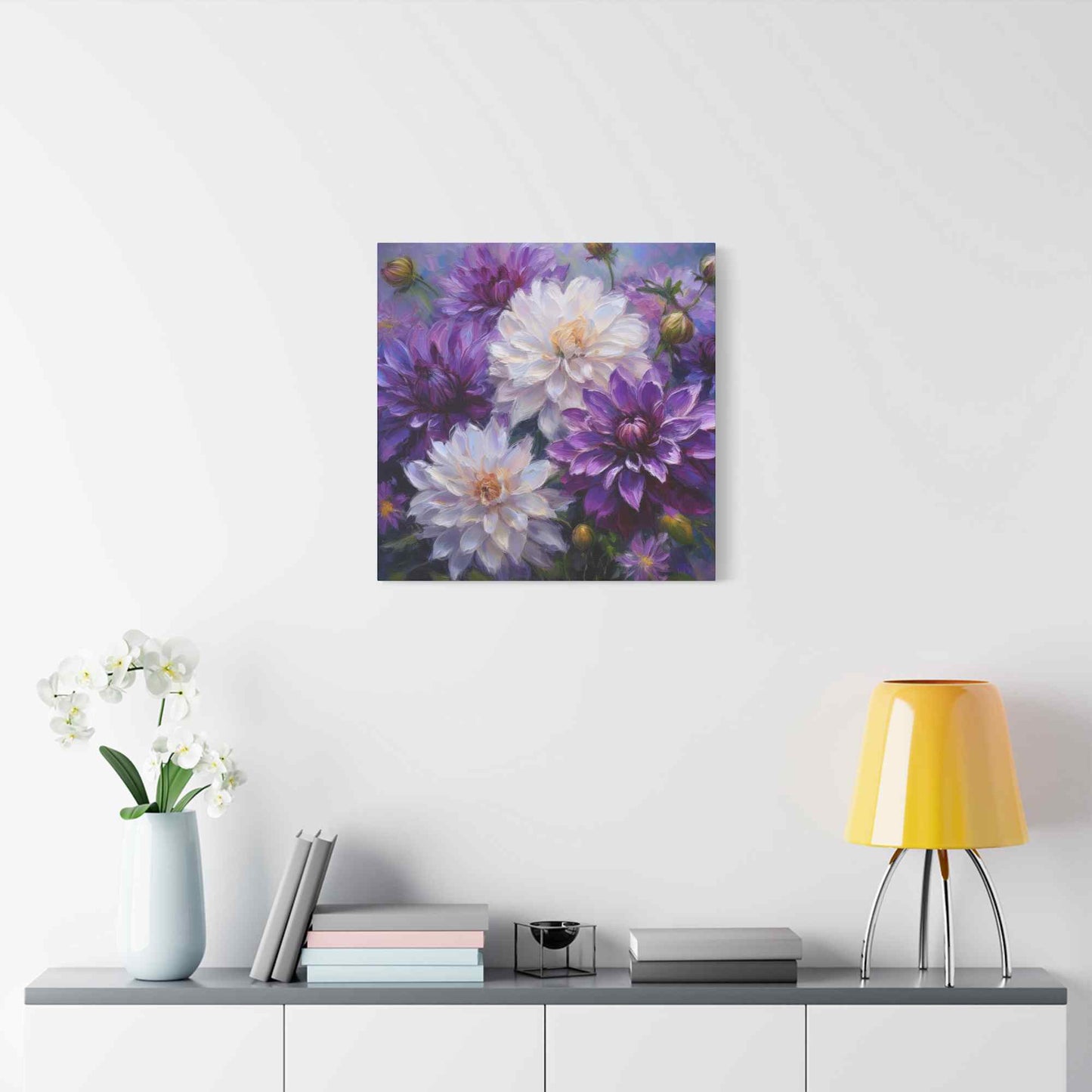 Dahlias Floral Print Canvas, Floral Oil Paint Print 20x20, 24x24, 30x30, 32x32, 36x36 Art Design Pine-Wood Inner Frame MC-171