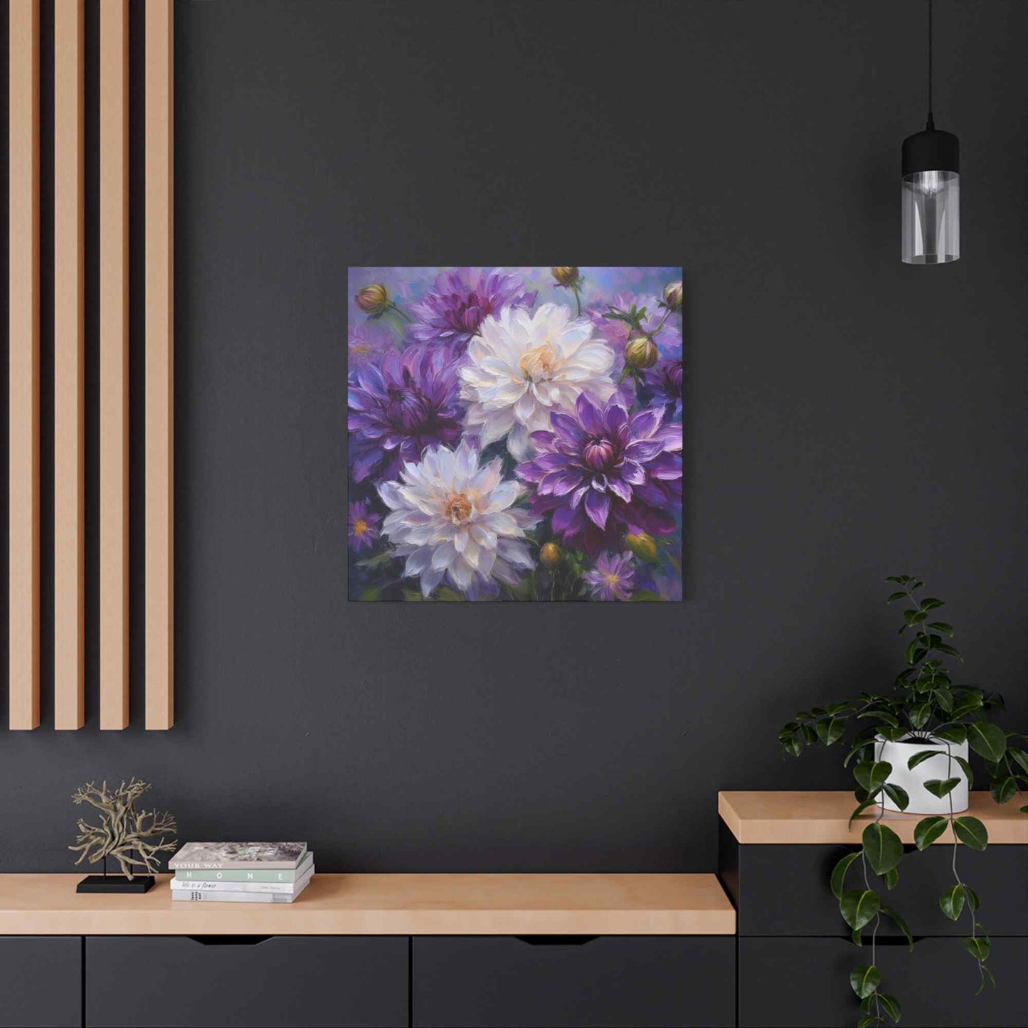 Dahlias Floral Print Canvas, Floral Oil Paint Print 20x20, 24x24, 30x30, 32x32, 36x36 Art Design Pine-Wood Inner Frame MC-171