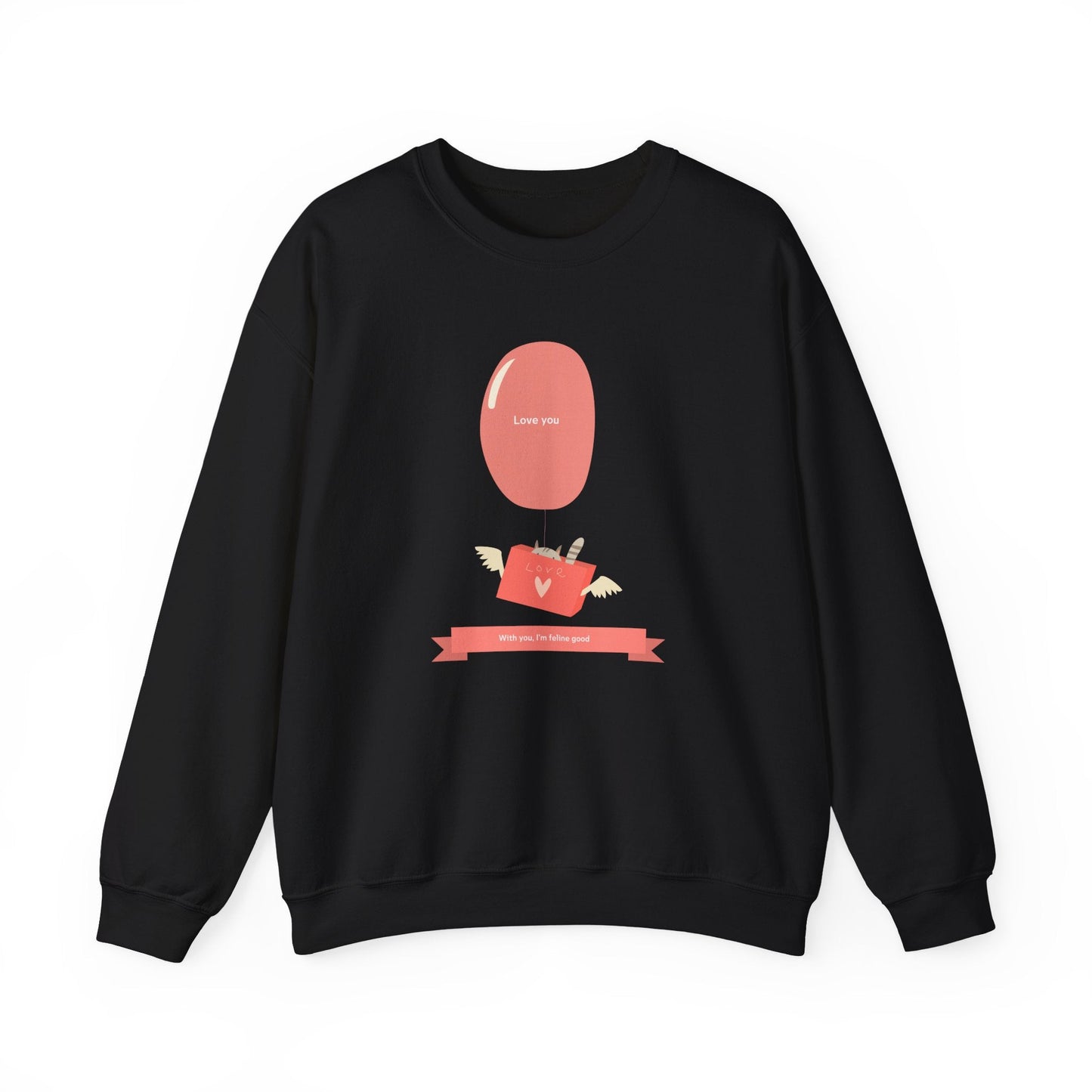 Cat Love Balloon Sweatshirt Unisex Fifty Fifty Cotton Poly Valentine Heavy Blend Crewneck Sweatshirt