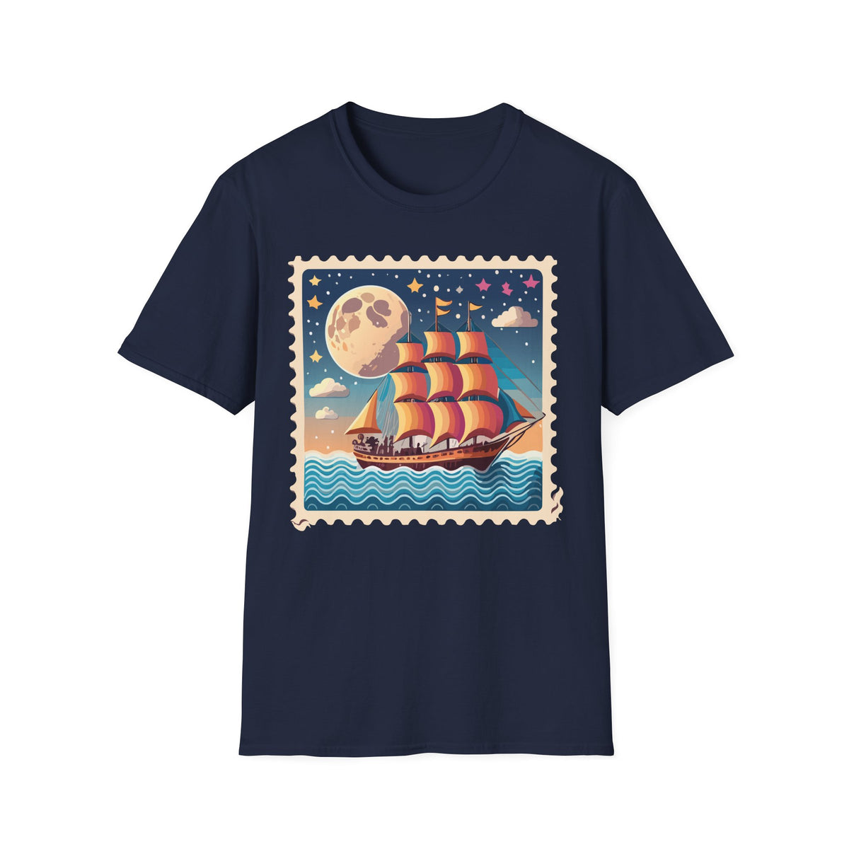 Vintage Sailboat Moon Illustration T-Shirt | Nautical Night Sky