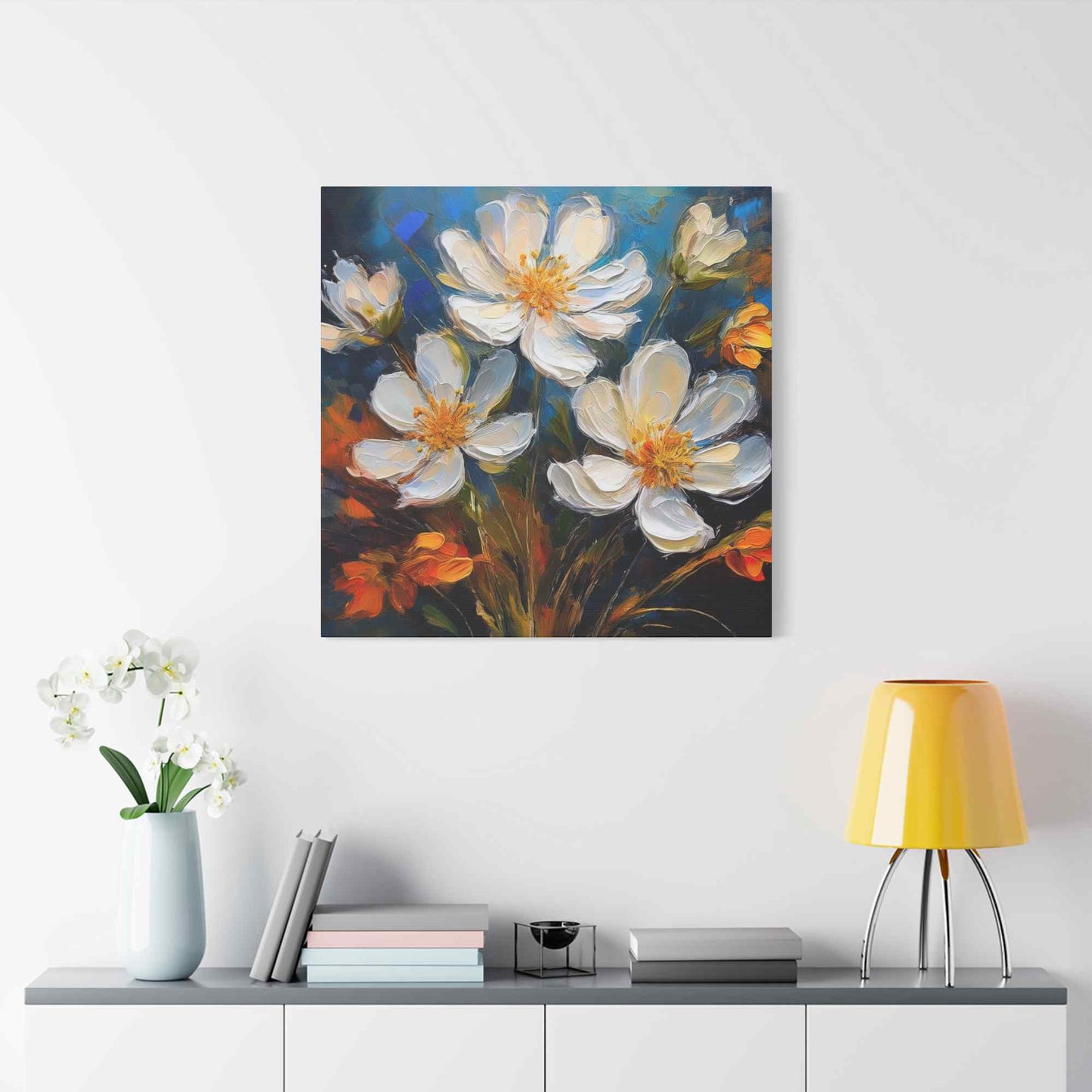 White Flowers Print Canvas, White Flowera Oil Paint Print 20x20, 24x24, 30x30, 32x32, 36x36, Art Design Print Non-Frame MC-6