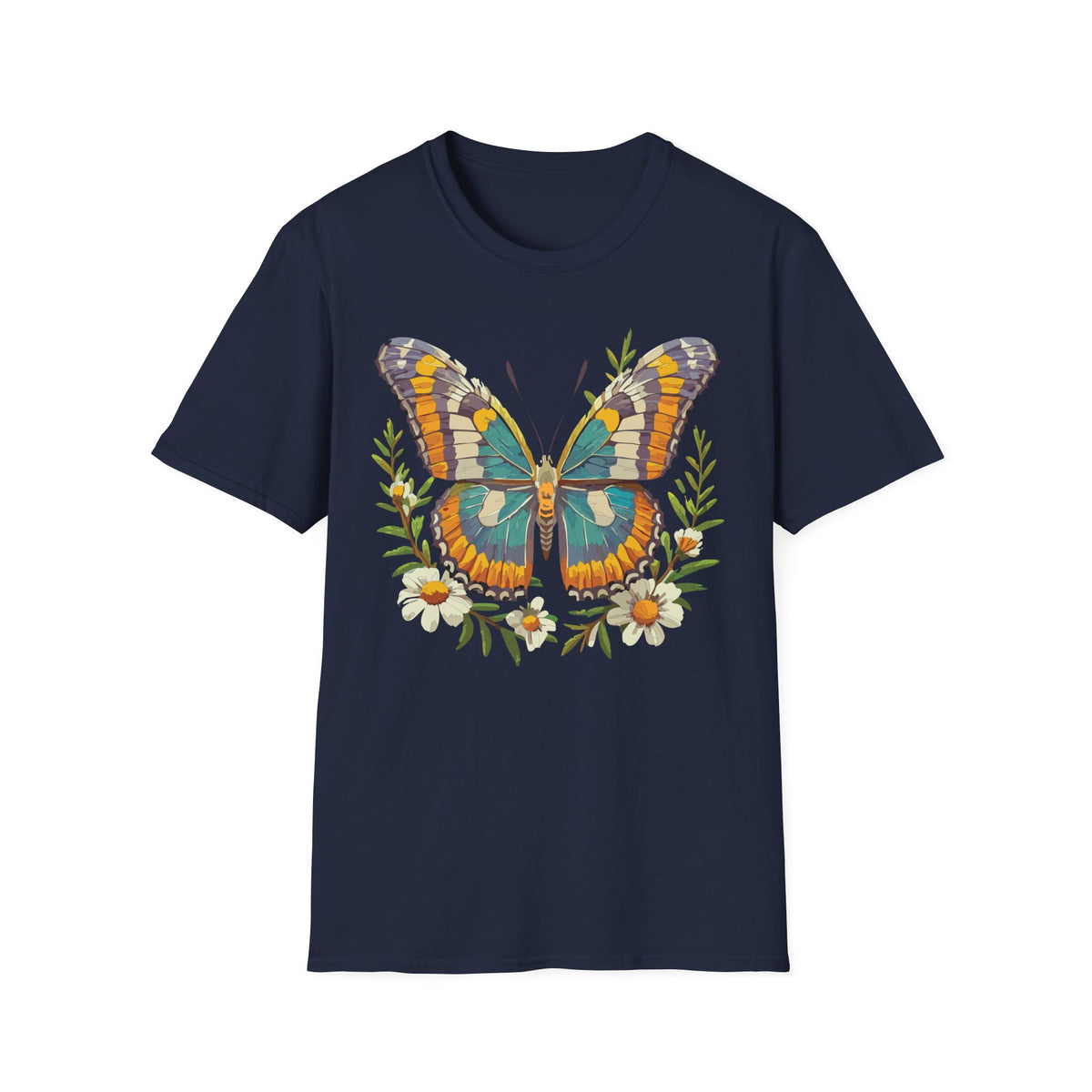 Teal Orange Butterfly T-Shirt | Floral Butterfly Illustration Graphic Tee Unisex 100 Cotton Gildan T-Shirt