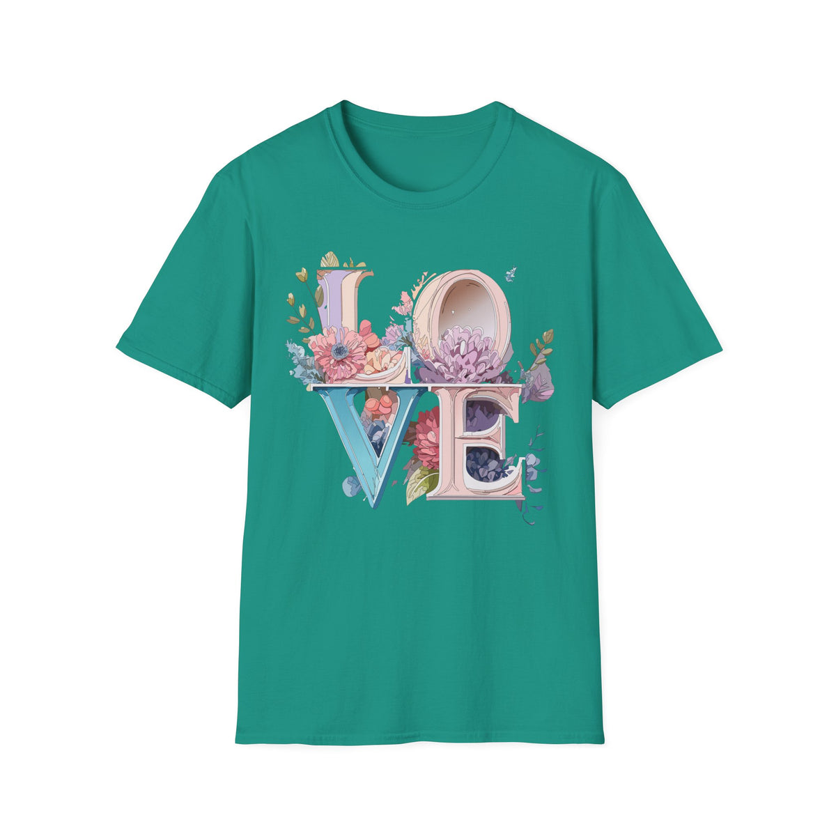 Floral LOVE Typography T-Shirt | Botanical Letter Art, Pastel Bloom Design