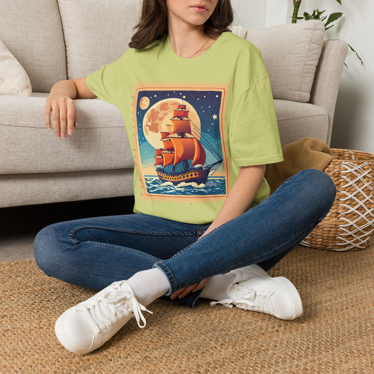Vintage Sailing Ship T‑Shirt — Nautical Stamp Moonlight Travel Post Graphic Design Unisex 100 Cotton Gildan T-Shirt