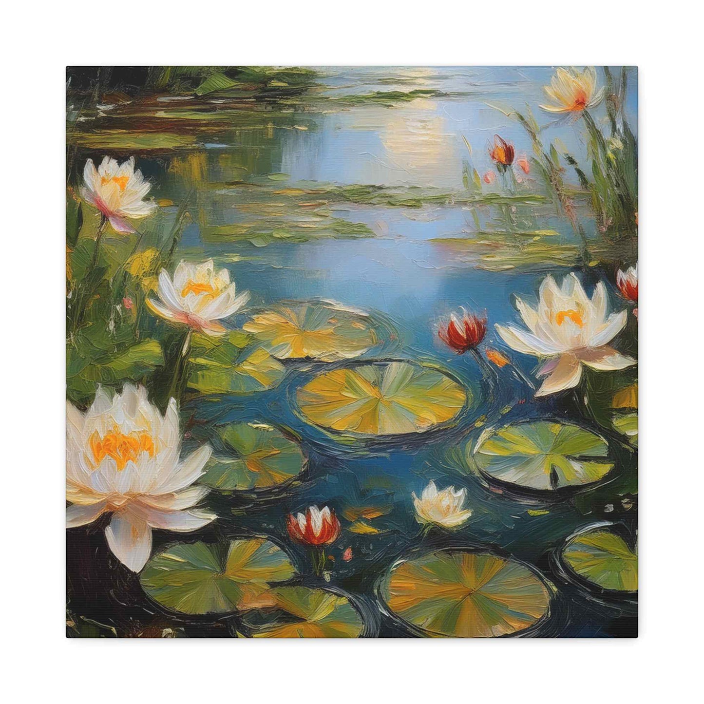 Water Lilies Print Canvas, Oil Paint Print 20x20, 24x24, 30x30, 32x32, 36x36 Floral Art Print Pine-Wood Inner Frame MC-64