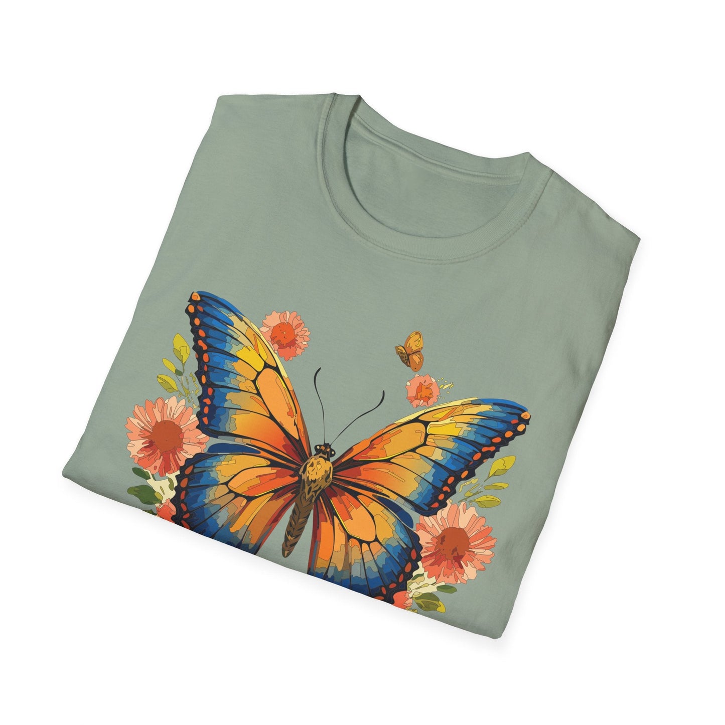 Butterfly T Shirt Unisex Softstyle Gildan 64000 Monarch Print 100 Percent Ring Spun Cotton