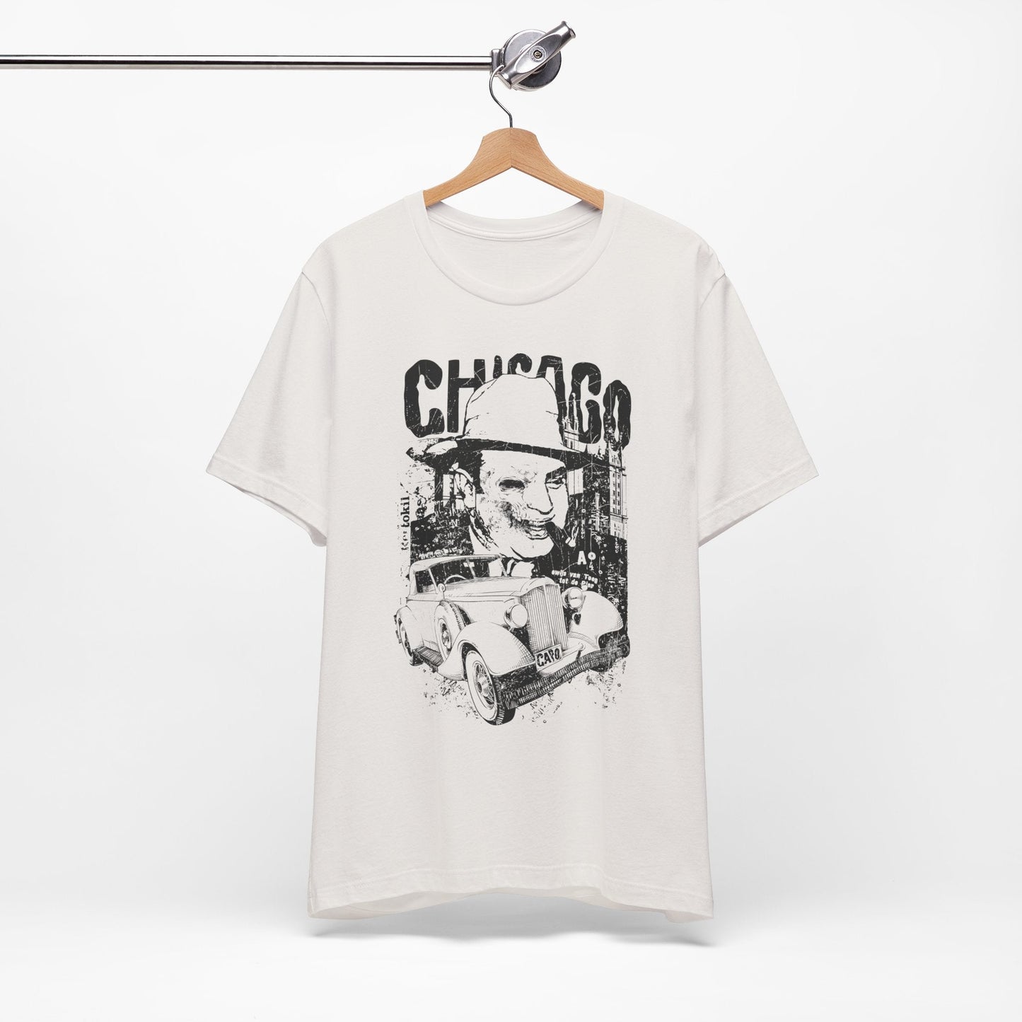 Chicago Retro Mobster Illustration Tee Vintage Car Cityscape Art Design T-Shirt A-8