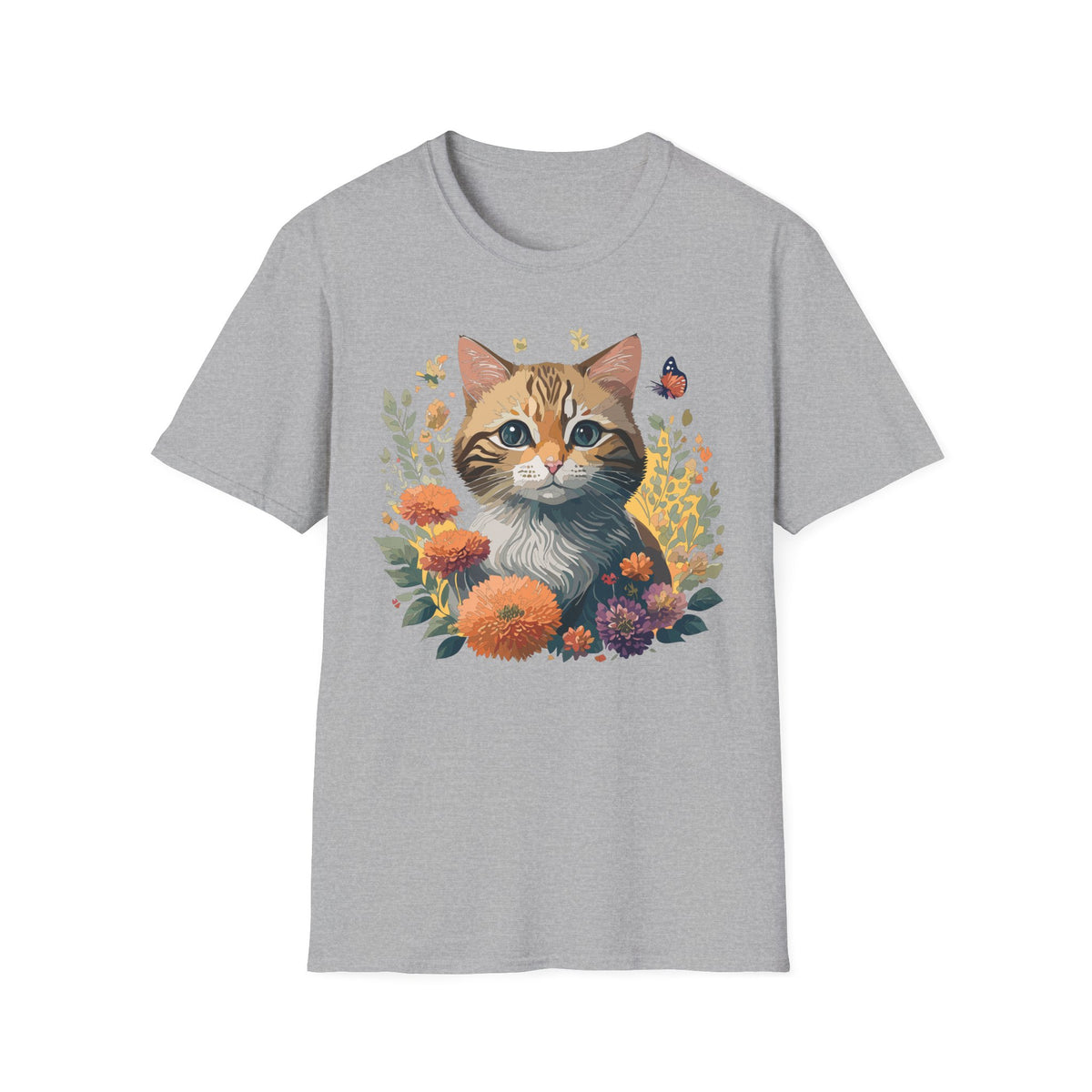 Cute Tabby Kitten Floral Illustration T-Shirt | Cat, Butterfly, Wildflowers