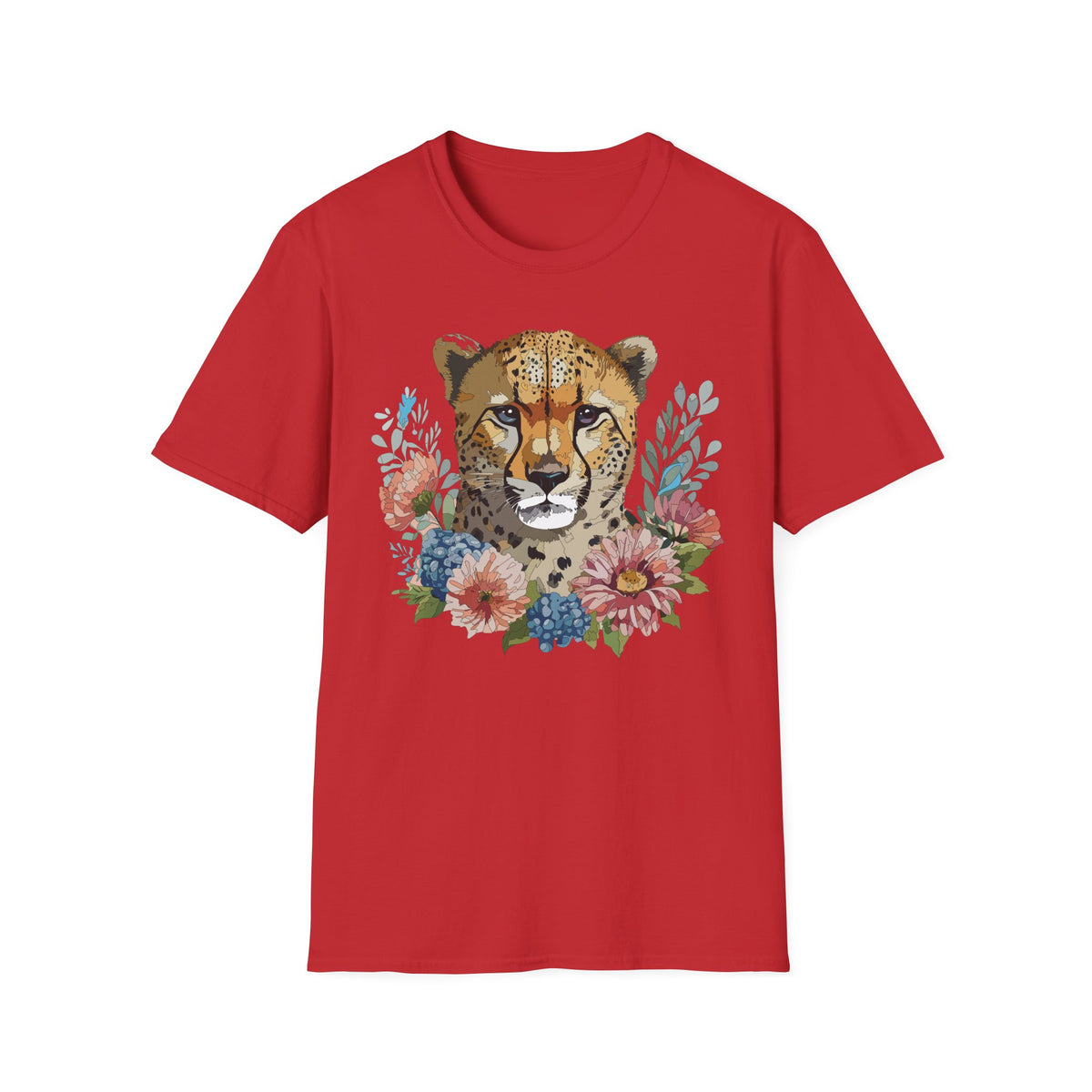 Floral Cheetah Face T-Shirt | Wild Cat Illustration, Botanical Accent