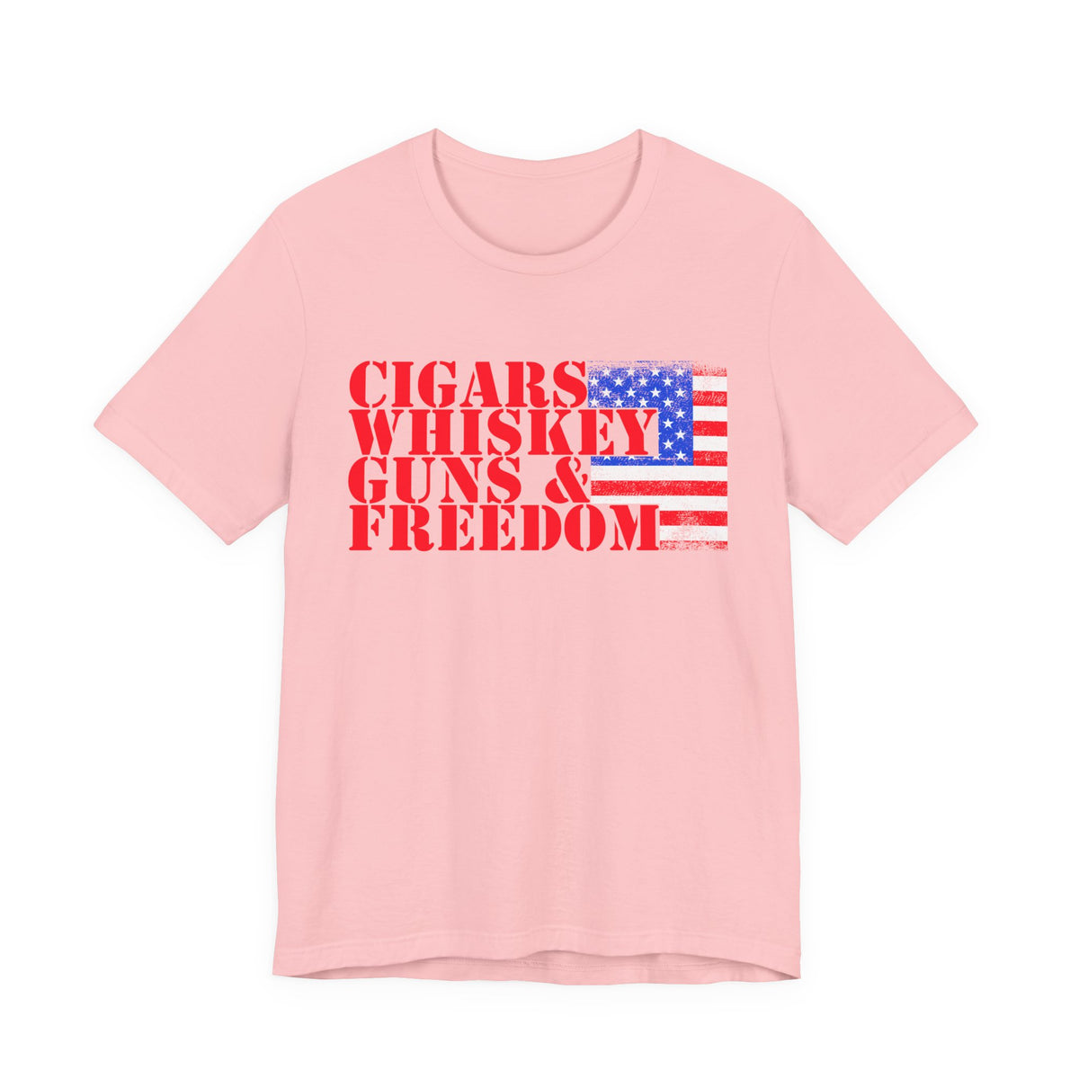 Cigars Whiskey Guns Freedom T-Shirt American Flag Text Graphic Unisex Cotton a2