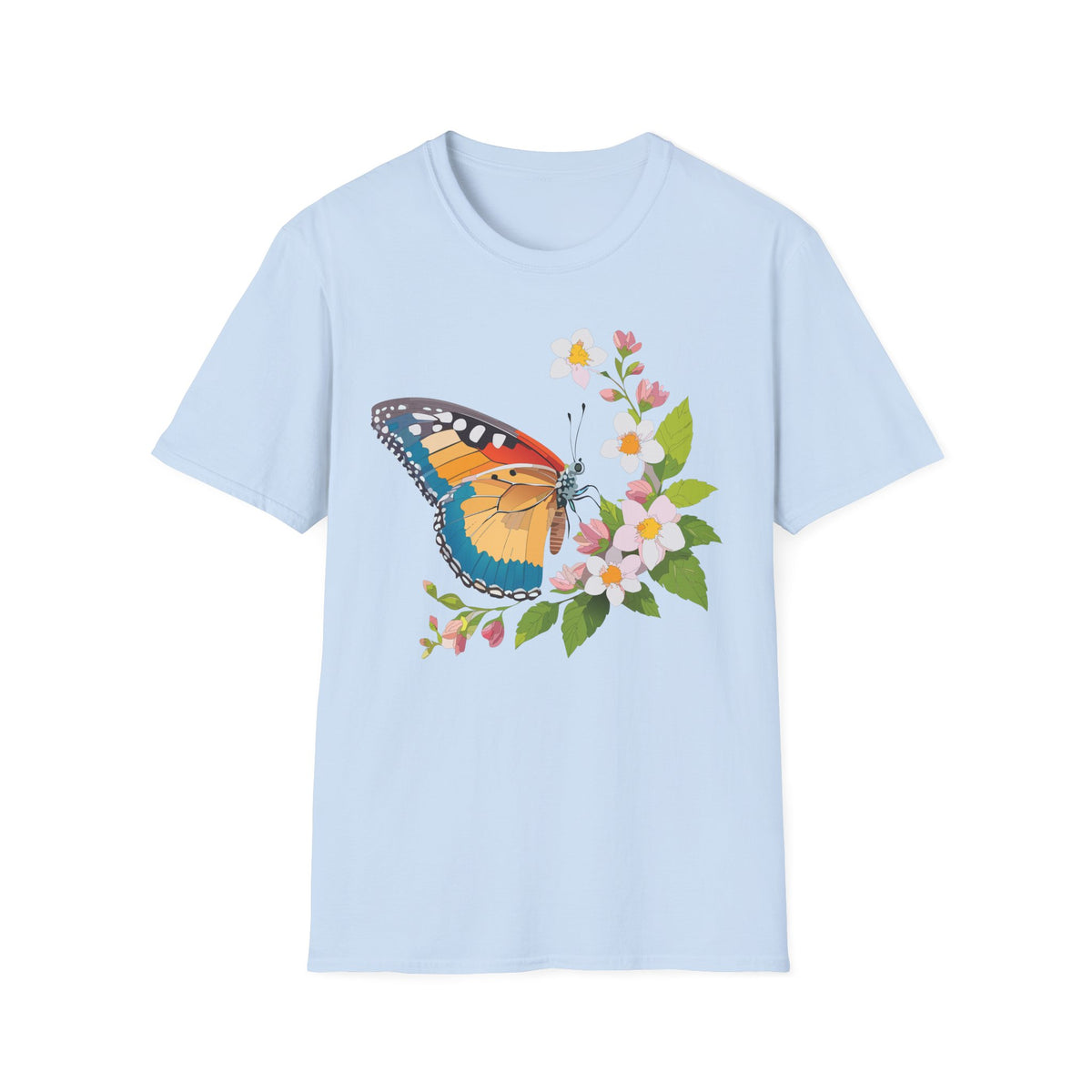 Butterfly Floral T-Shirt — Colorful Monarch with Blossoms Graphic Design Unisex 100 Cotton Gildan T-Shirt