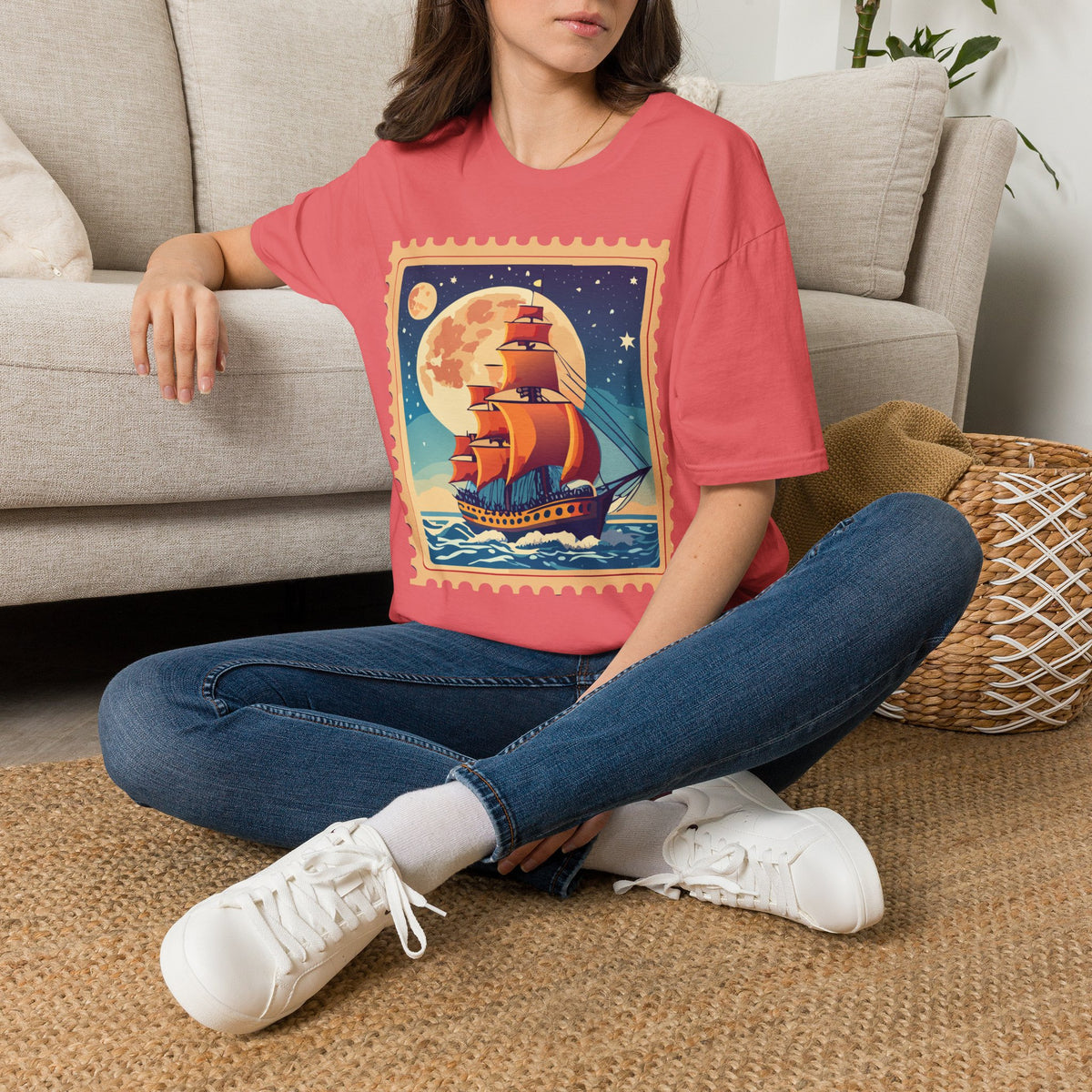 Vintage Sailing Ship T‑Shirt — Nautical Stamp Moonlight Travel Post Graphic Design Unisex 100 Cotton Gildan T-Shirt