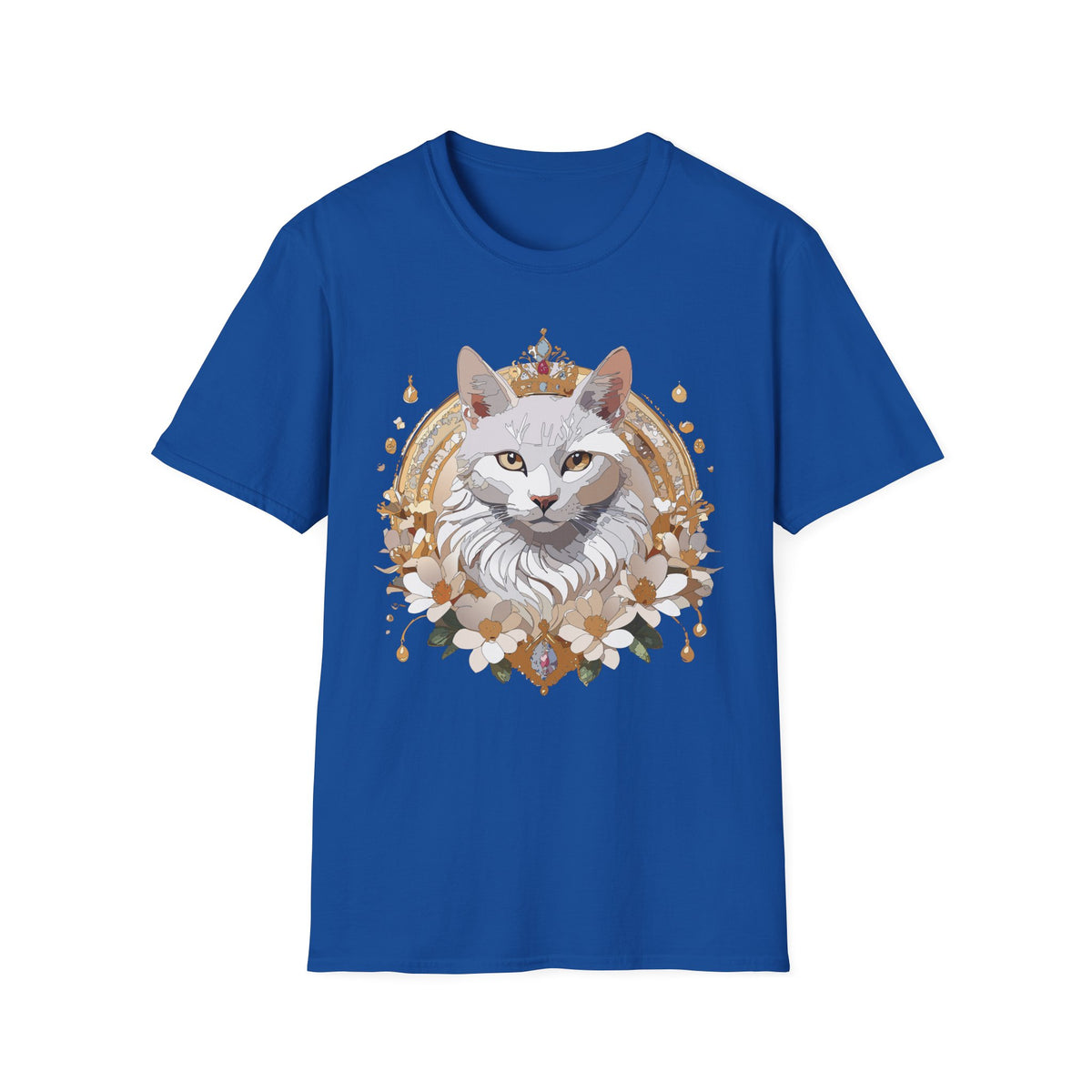 Regal White Cat Illustration T-Shirt | Crowned Feline Art