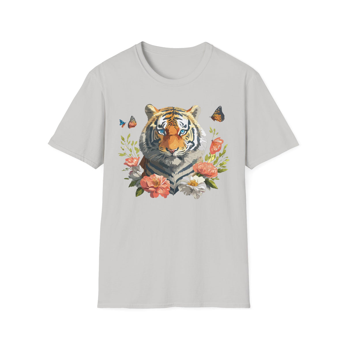 Floral Tiger Portrait T-Shirt | Watercolor Big Cat with Butterflies