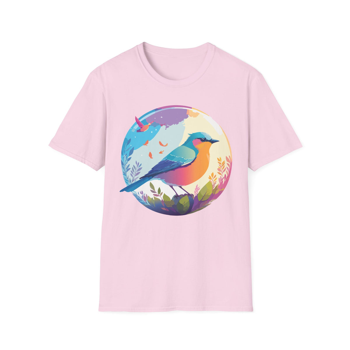 Colorful Bird Illustration T-Shirt | Rainbow Songbird Circle Art