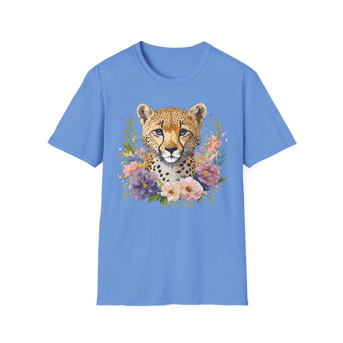 Floral Cheetah Face T-Shirt | Leopard Portrait Tee, Botanical Illustration