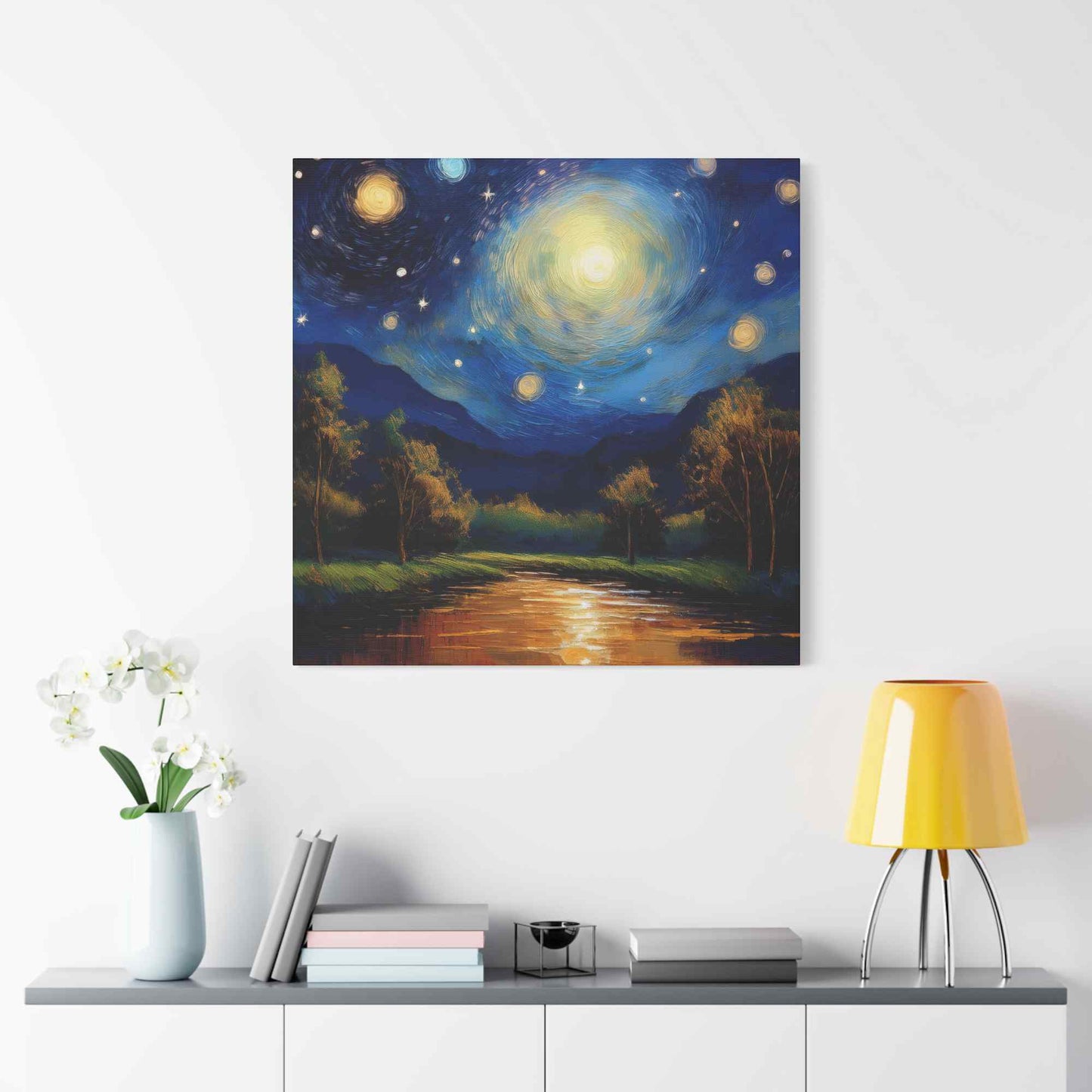 Starry Night Print Canvas, Oil Paint Print 20x20, 24x24, 30x30, 32x32, 36x36 Art Design Print Pine-Wood Inner Frame MC-38