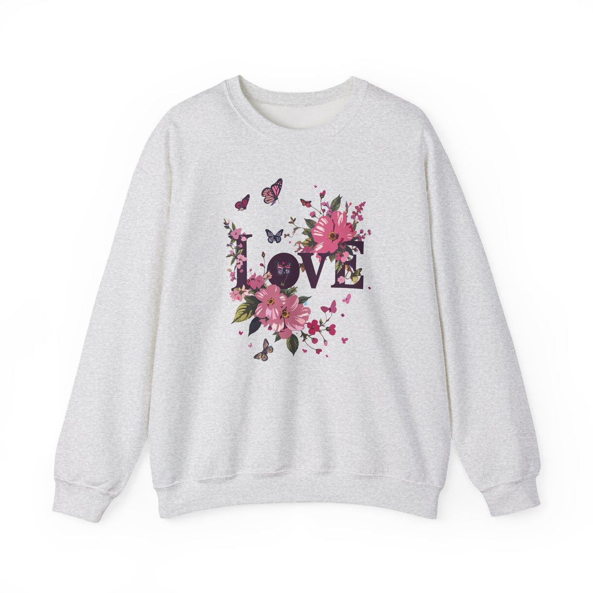 Unisex Floral Love Sweatshirt, Love Floral Sweatshirt, Floral Butterfly Sweatshirt, 50/50 Cotton-Poly Valentine's Day Sweatshirt 05
